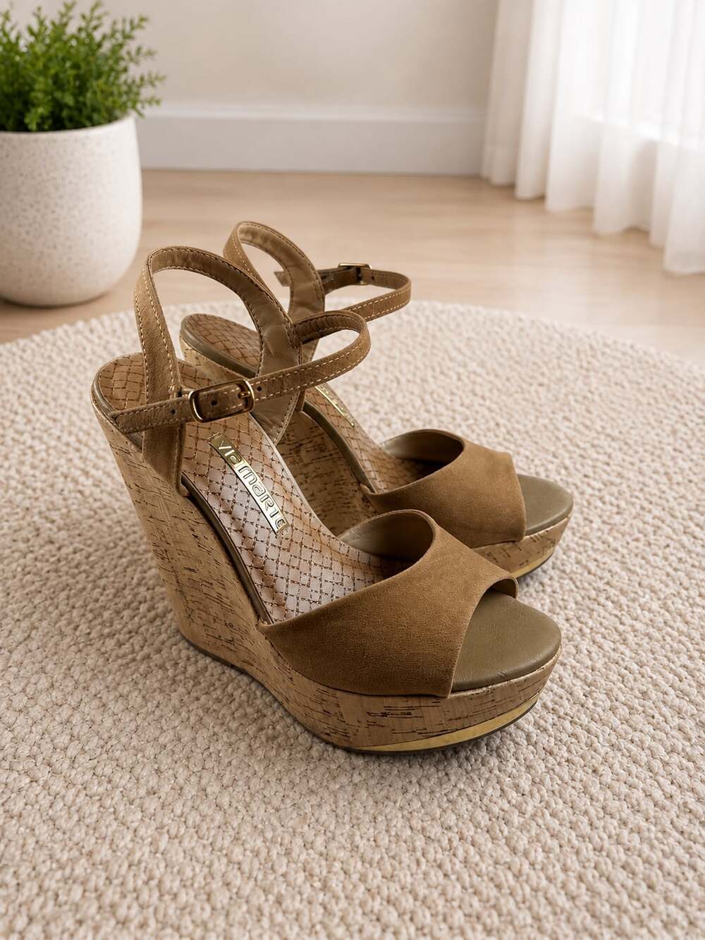 Viamarie Nude Suede Cork Wedge Sandals with Ankle Strap, Size 8 (USA) / 38 (EUR)